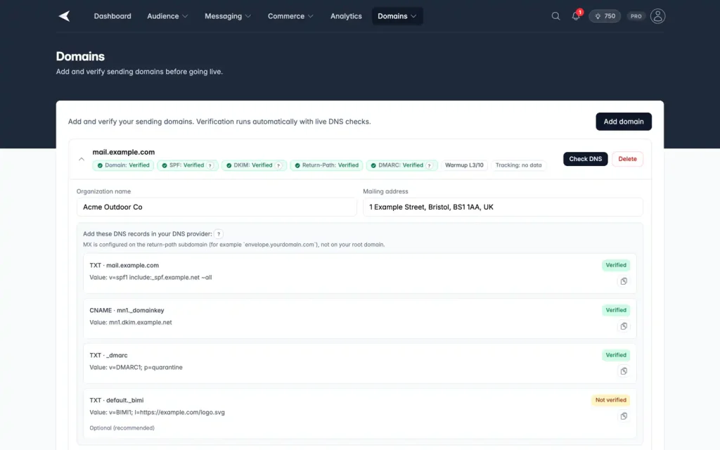 Mailnaptic domains page showing SPF, DKIM, return-path and DMARC verification status with the DNS records to add, using sample data
