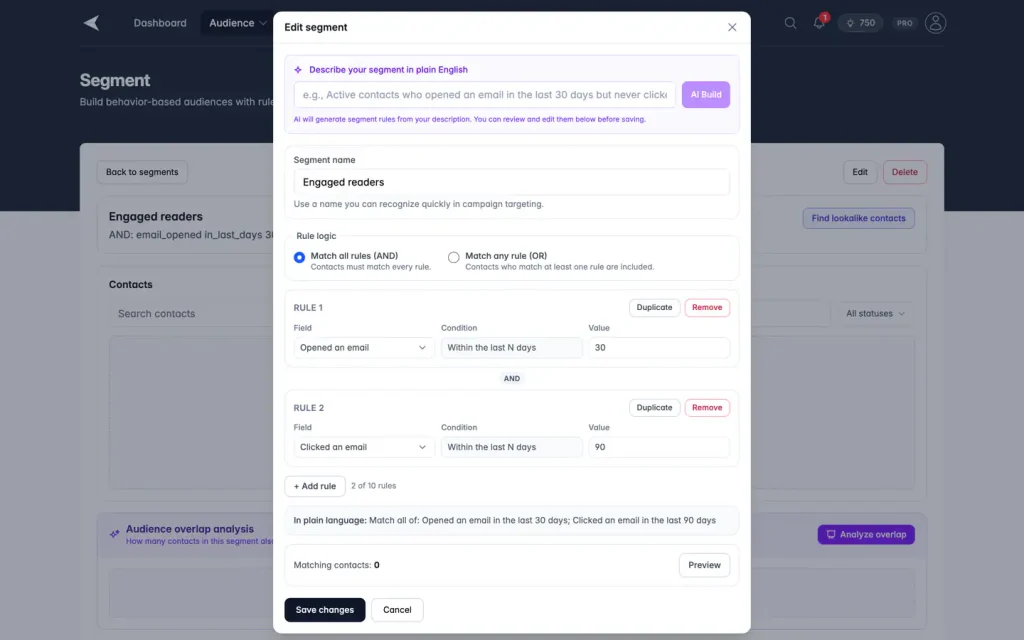 Mailnaptic segment builder with two rules, opened an email in the last 30 days and clicked an email in the last 90 days, using sample data