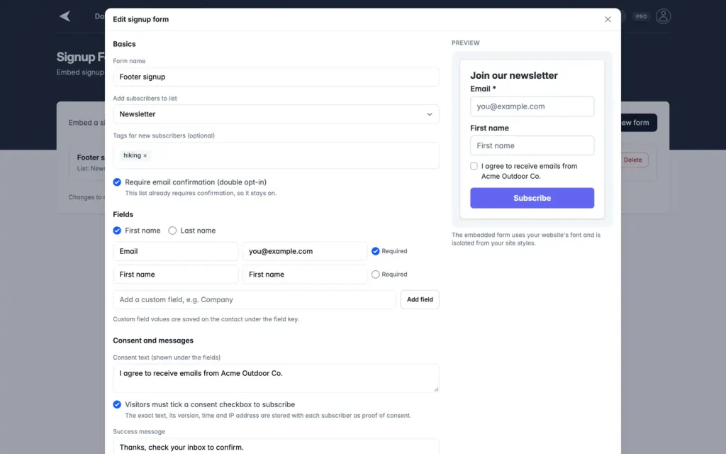 Mailnaptic signup form editor with list, tags, double opt-in, fields, consent text and a live preview, using sample data