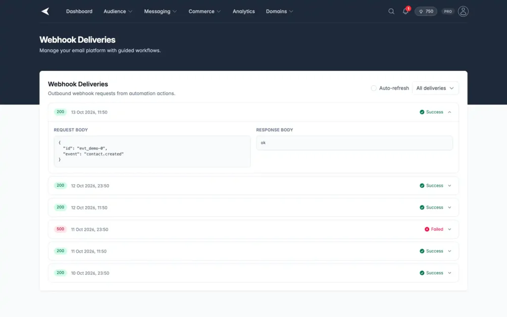 Mailnaptic webhook deliveries list with status codes and an expanded request body showing an event id, using sample data